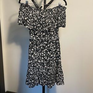 Saylor off the shoulder black and white floral dress